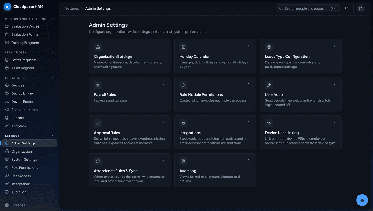 Admin settings: payroll rules, leave types, attendance sync, integrations and the audit log