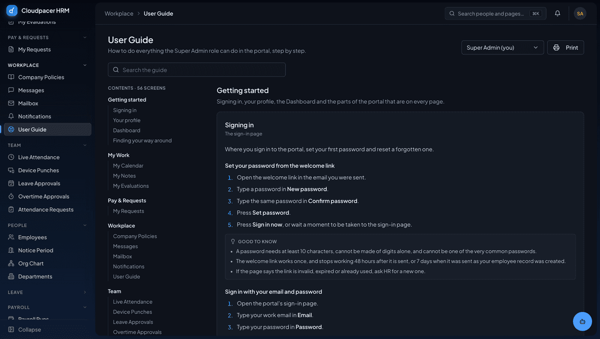A built-in, role-aware user guide covering 56 screens